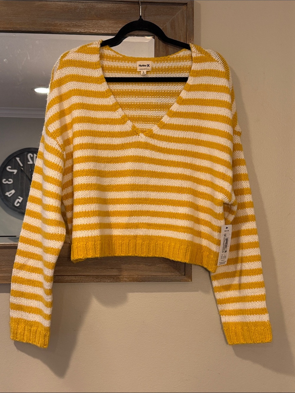 Hurley Yellow & White Striped V-Neck Cropped Knit Sweater
